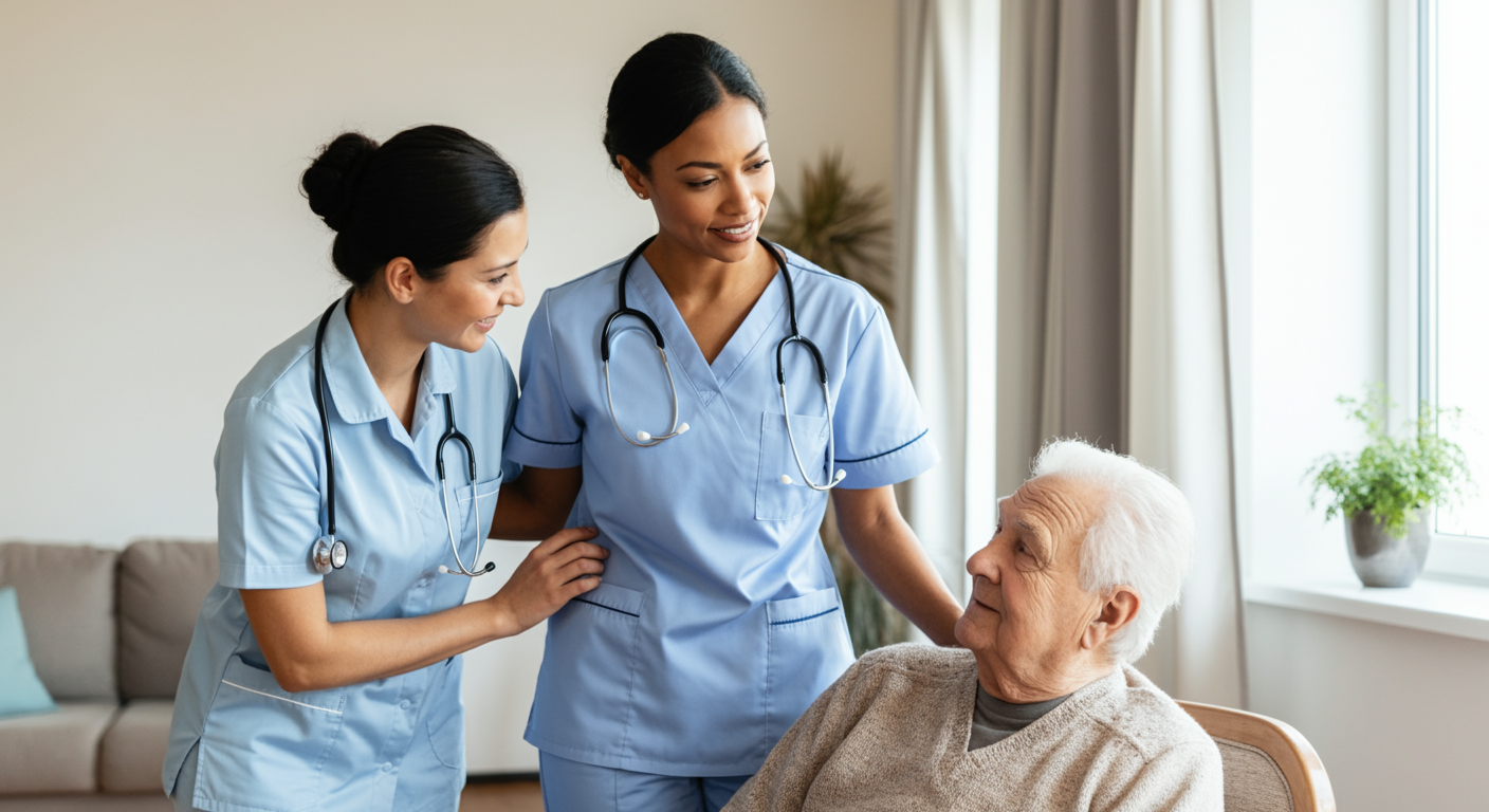 Professional 24-hour caregiver team providing continuous overnight support for elderly patient at home, around the clock care