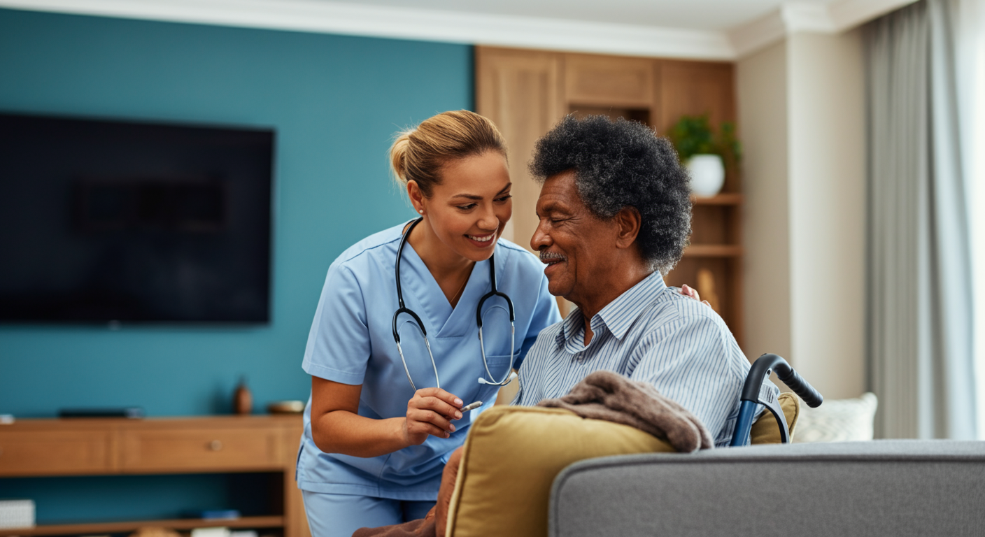 Night shift caregiver monitoring sleeping senior to ensure safety and comfort at home, overnight monitoring care