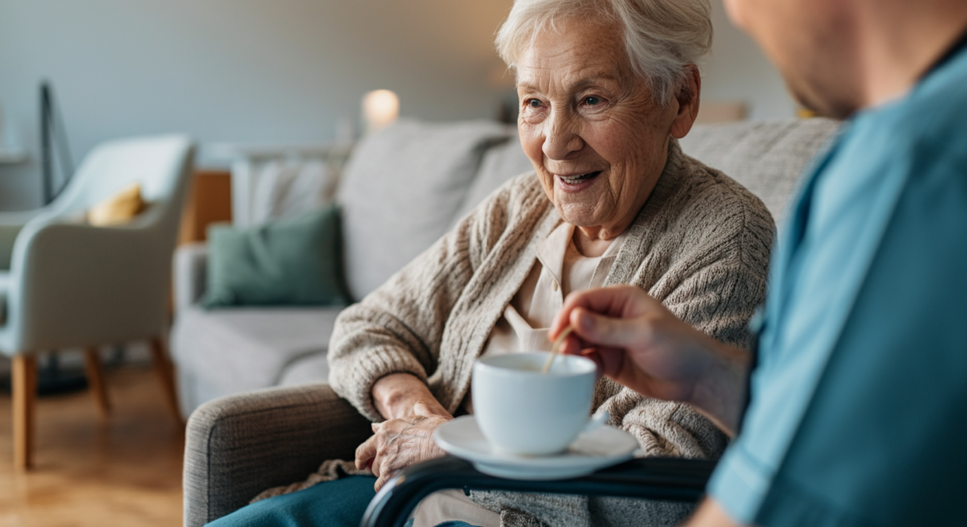 Compassionate home caregiver building trust with elderly senior client in comfortable home