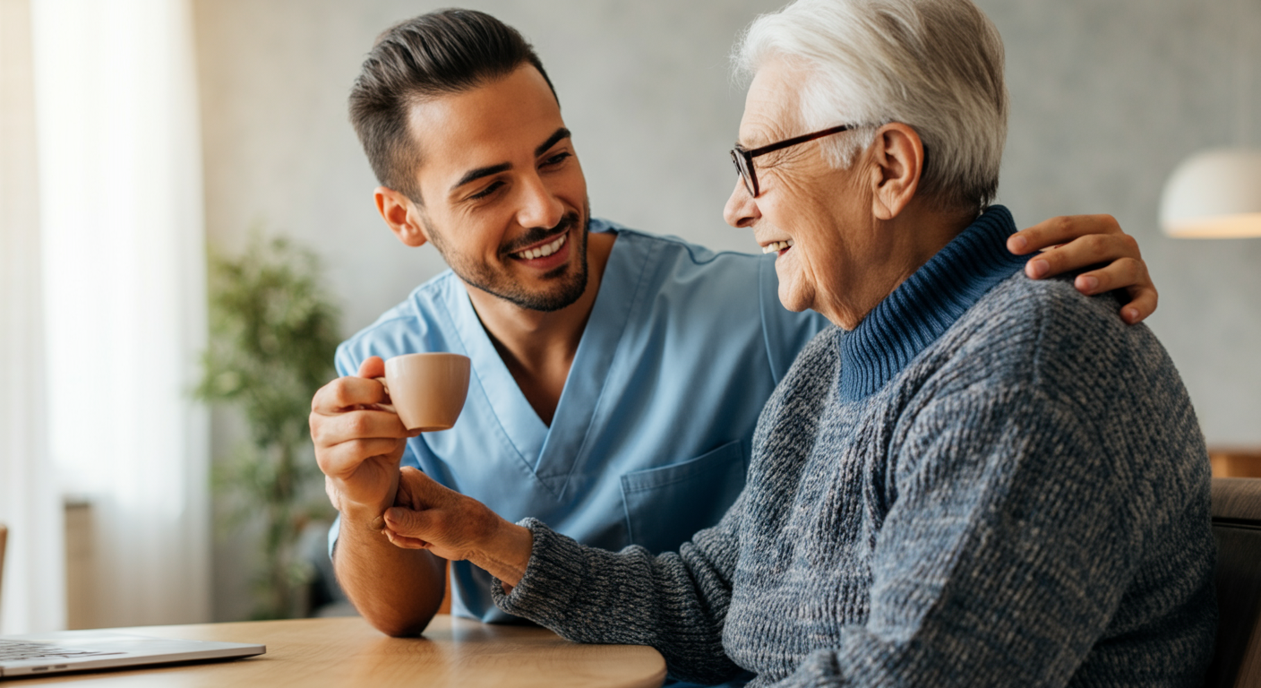 Senior and caregiver developing trusted relationship over time through consistent daily care, caregiver trust bond