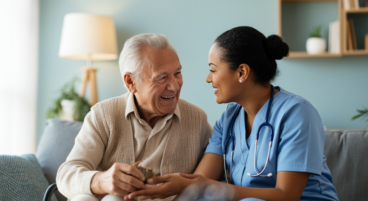 Warm companion caregiver enjoying conversation and activities with elderly woman at home, genuine friendship and social engag