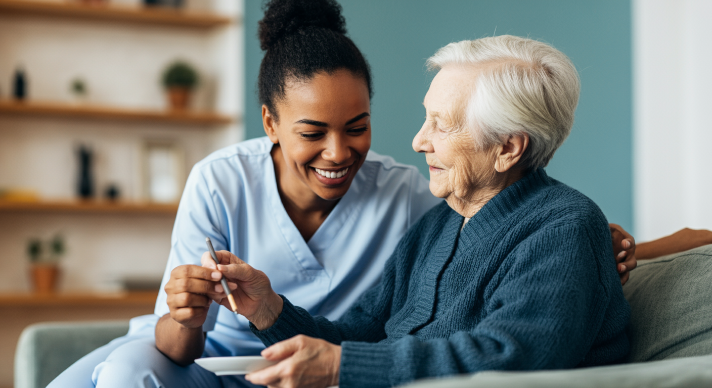 Senior man and professional companion playing cards and laughing together at kitchen table, joyful companionship care at home