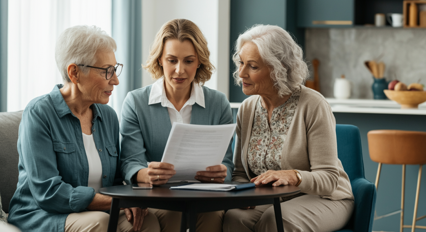 Family comparing home care pricing options and insurance coverage for 24-hour senior care, insurance coverage review