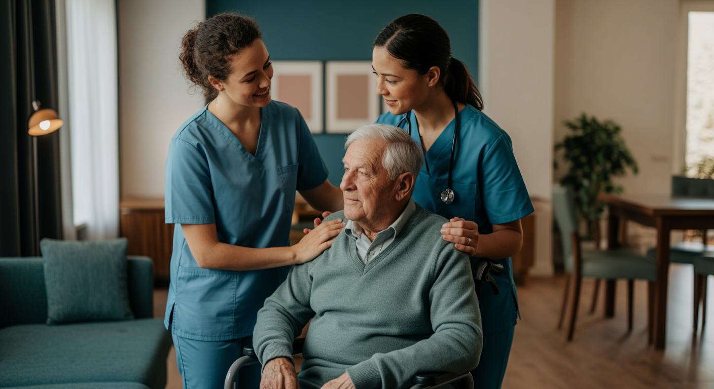 Memory care specialist using specialized techniques to calm and engage Alzheimer patient at home, dementia care methods