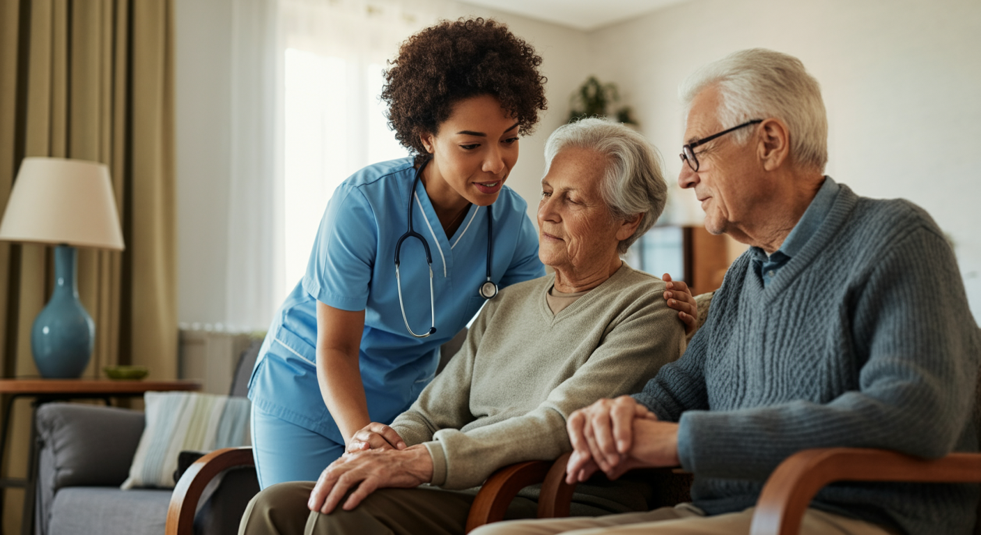 Loving family member visiting elderly parent with dementia who receives professional home care, dementia family visit