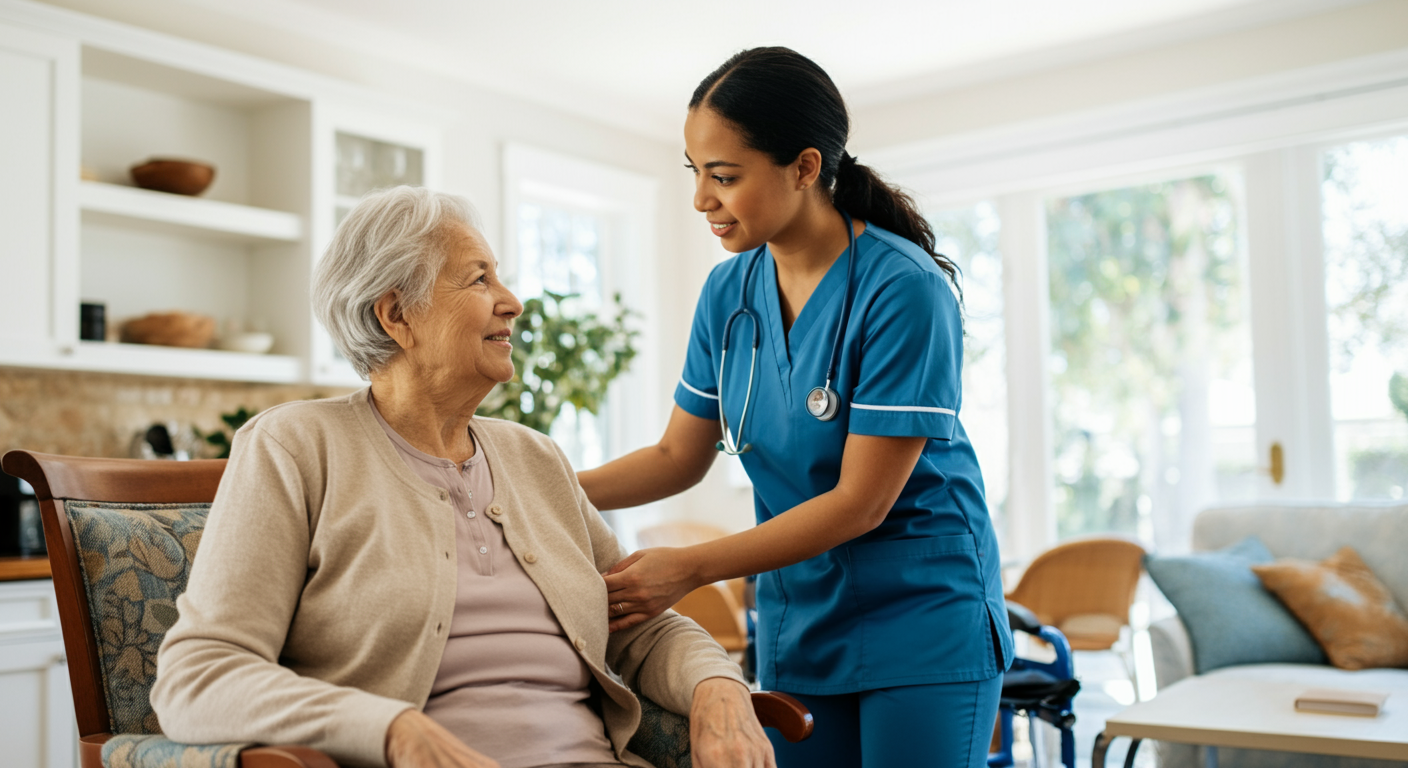 Caregiver providing compassionate home care assistance to elderly patient in California