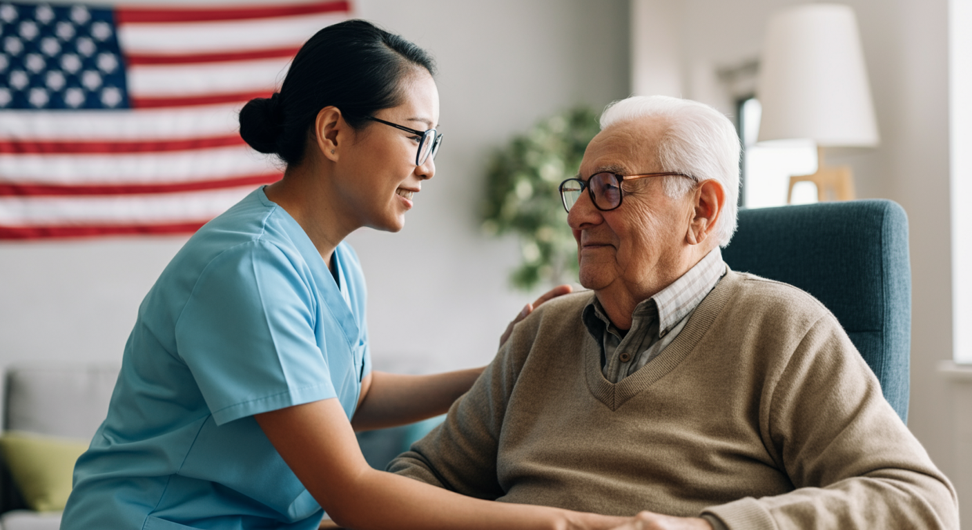 Elderly veteran receiving respectful and professional home care assistance