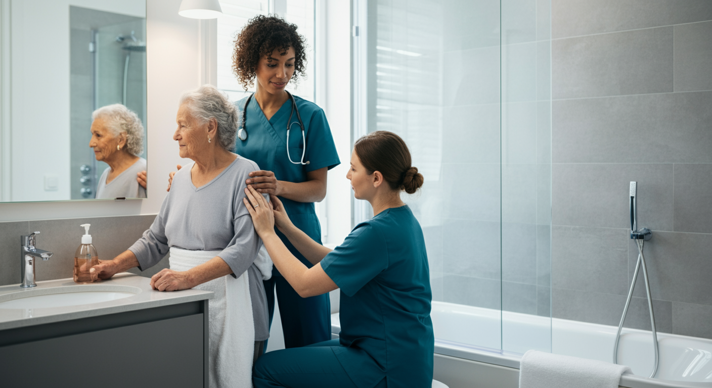 Professional in-home caregiver supporting elderly woman with daily activities in Los Angeles home, senior in-home care