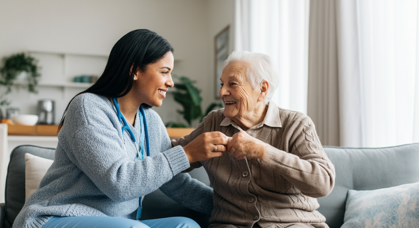 Trusted senior home care aide and elderly client enjoying afternoon tea together at home, senior home care companion