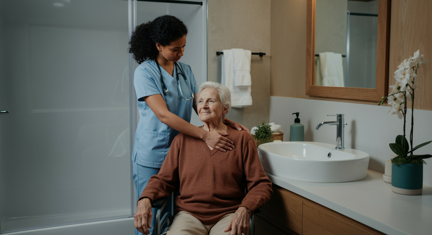Professional caregiver preparing healthy nutritious meal for elderly senior in home kitchen, meal preparation home care servi