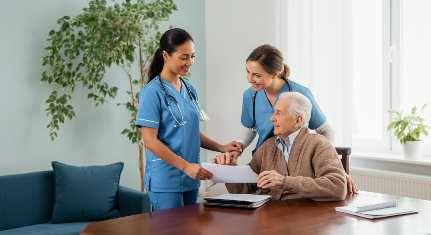 Dedicated live-in caregiver preparing breakfast for elderly client in comfortable home setting, morning routine live-in care