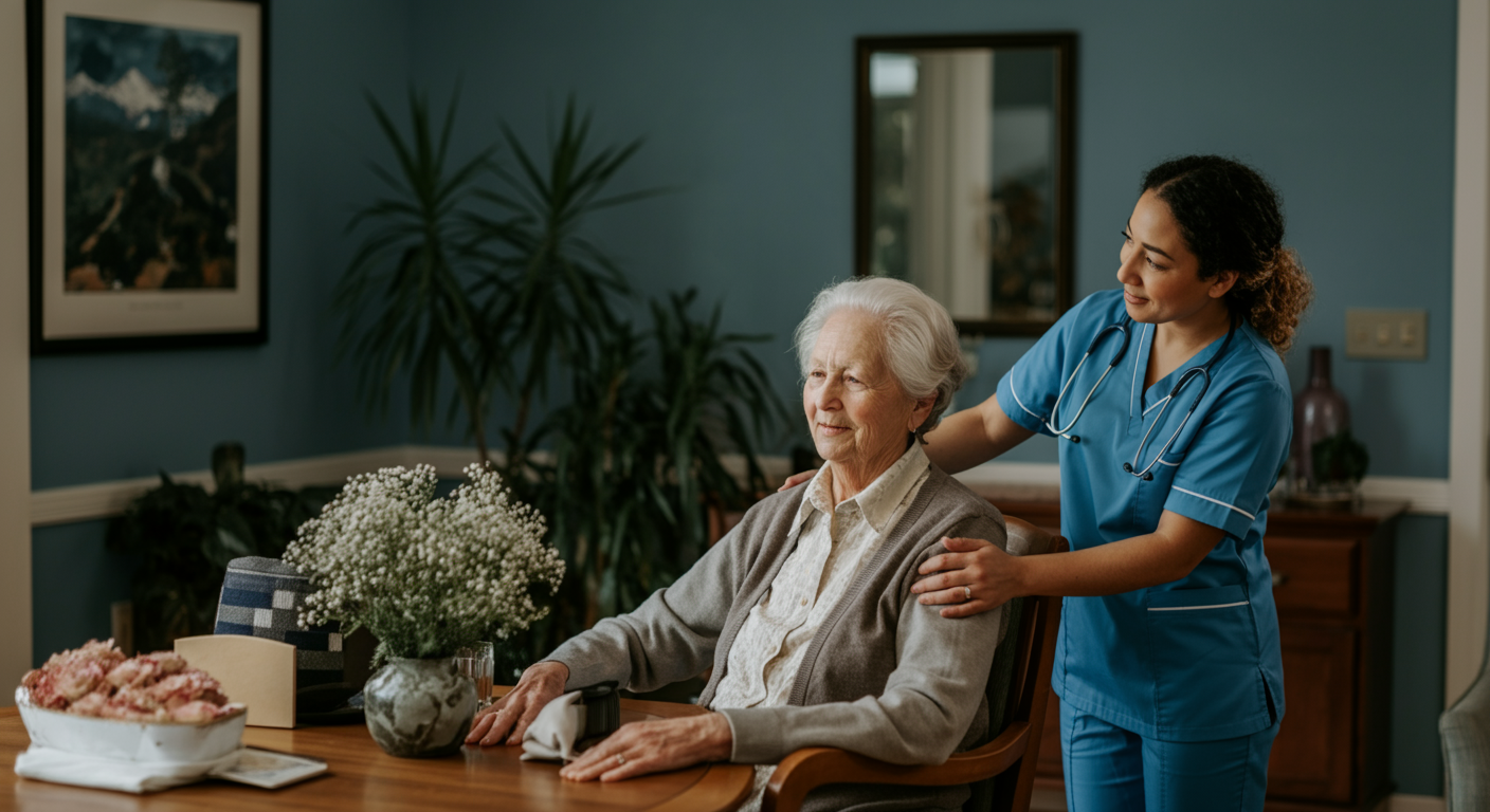 Warm professional home caregiver smiling with elderly senior client in comfortable home setting