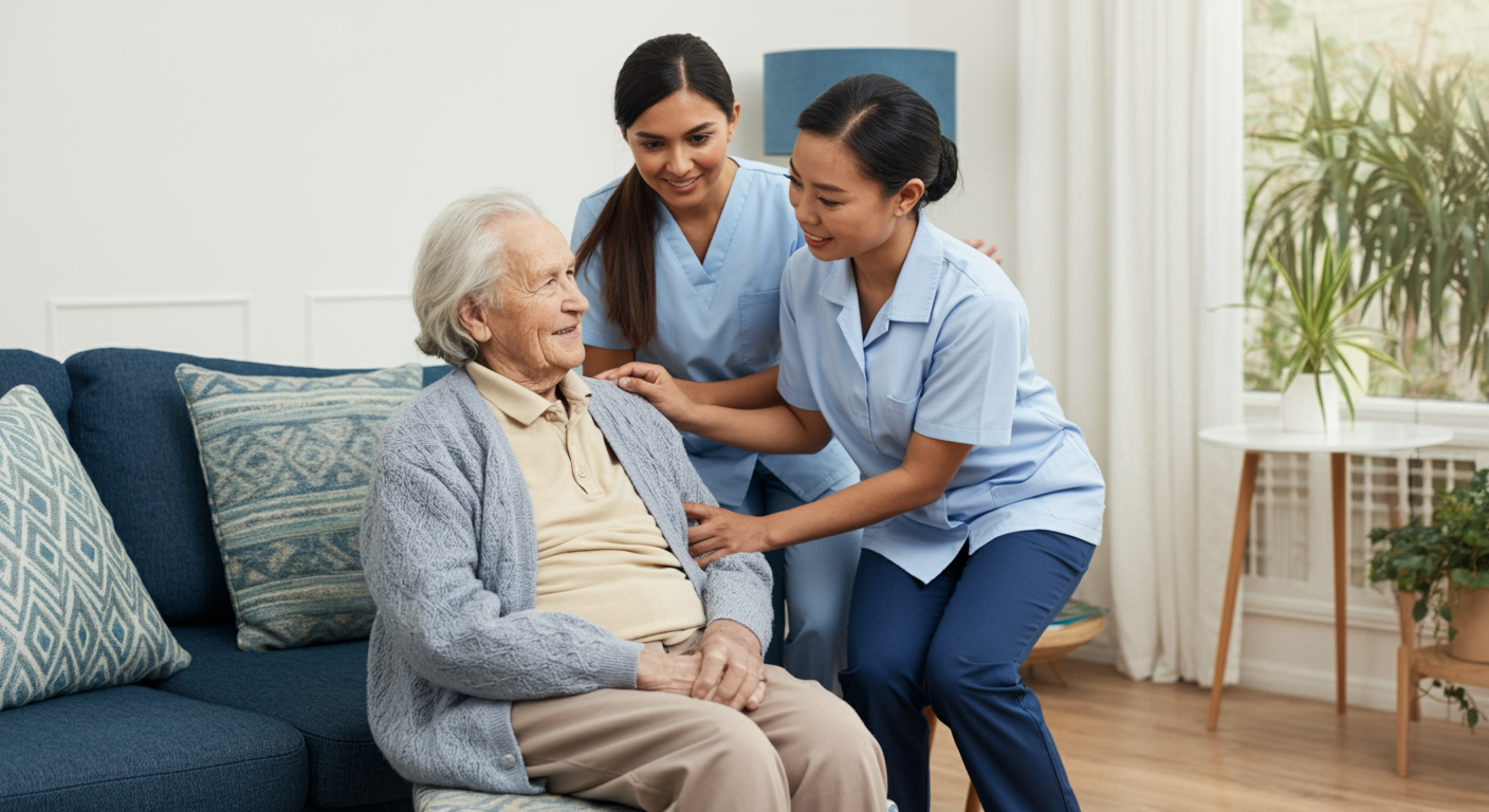 Family members interviewing and selecting a trusted home caregiver for their elderly parent