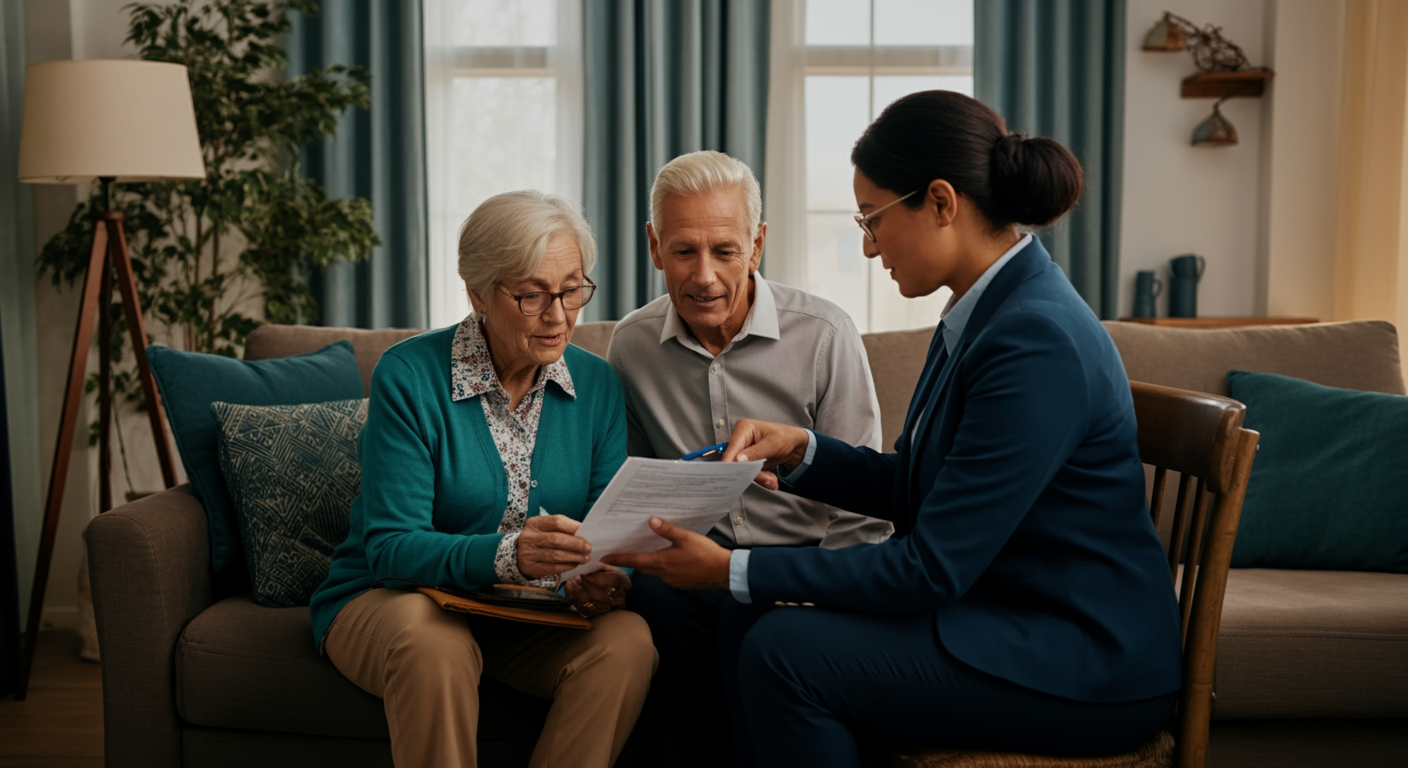 Senior man reviewing Medicare home care coverage documents with licensed insurance specialist