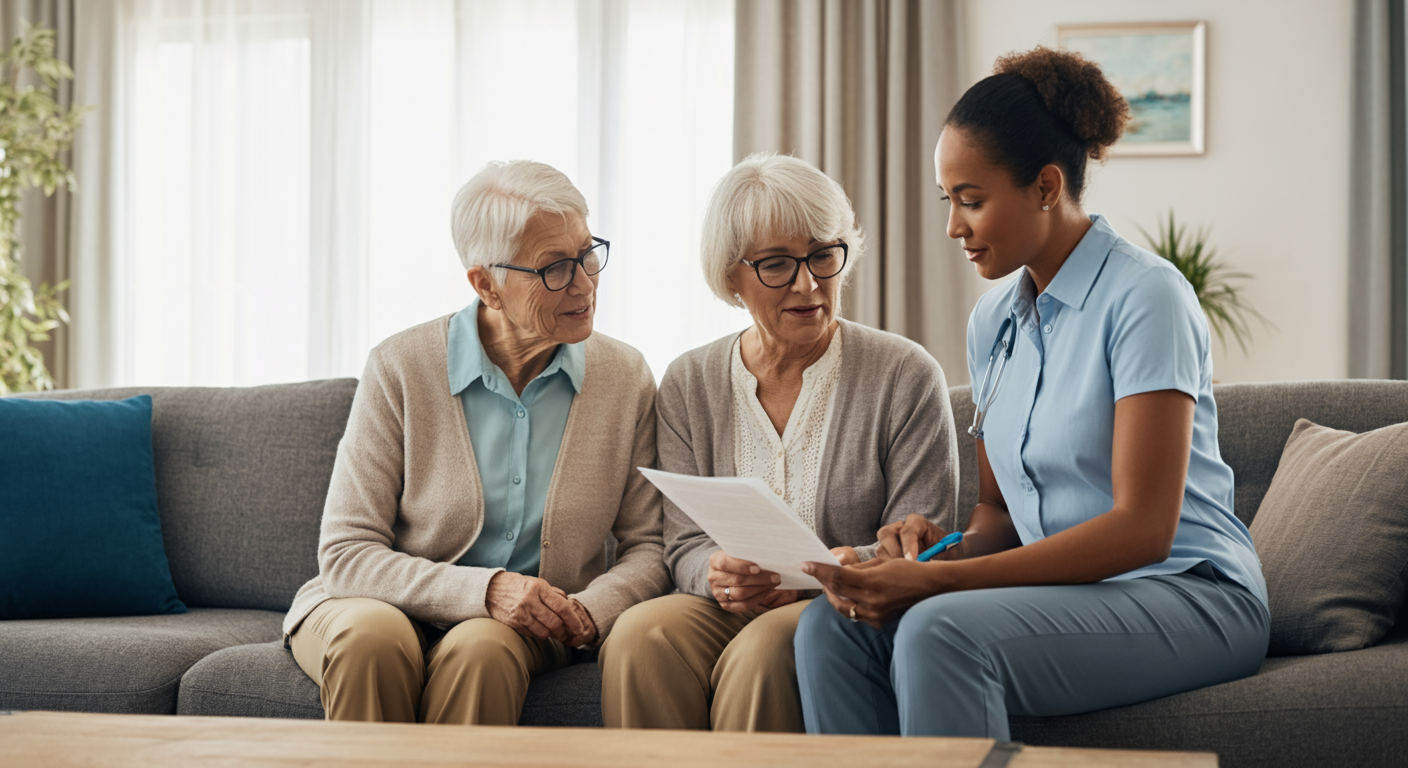 Professional senior care advisor consulting with elderly couple about in-home care options in living room