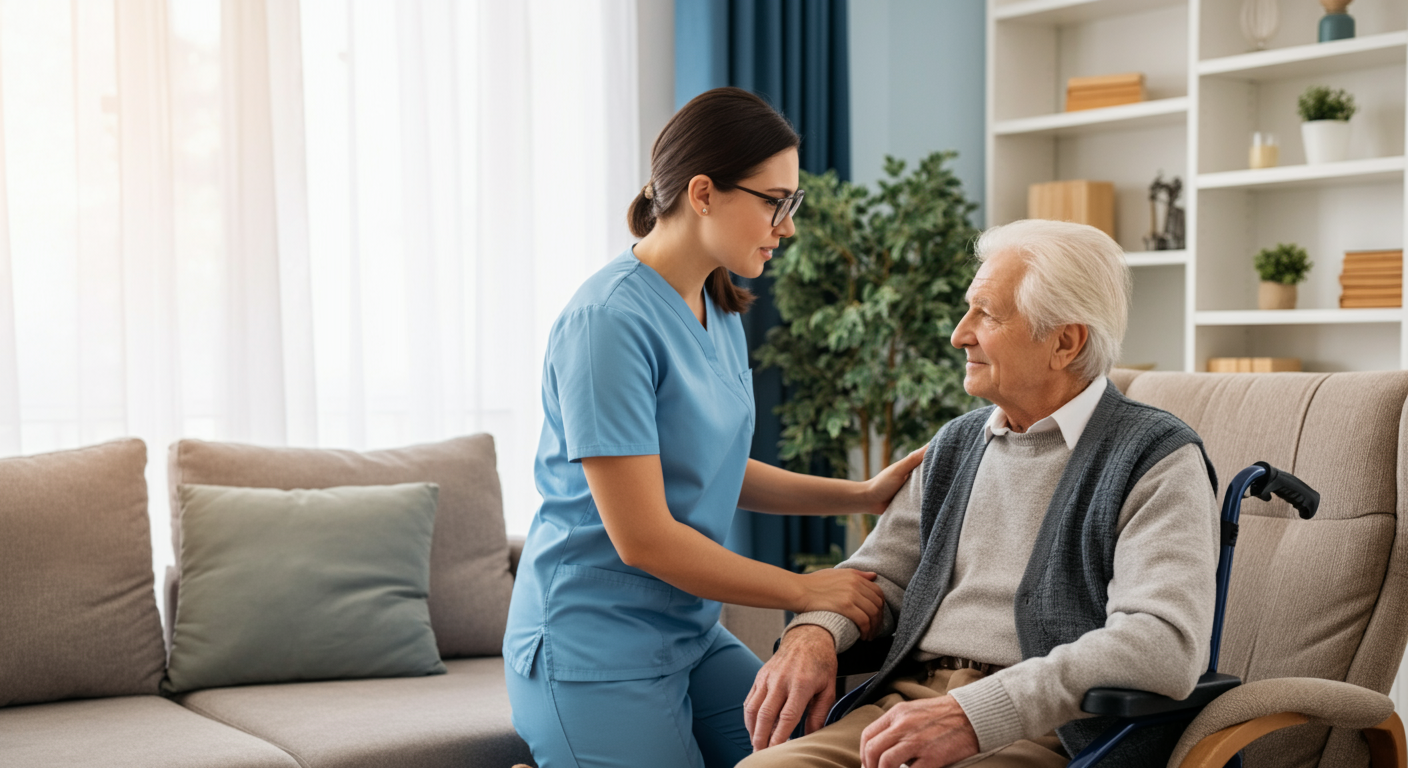 Compassionate caregiver helping elderly woman with daily activities at home in Southern California