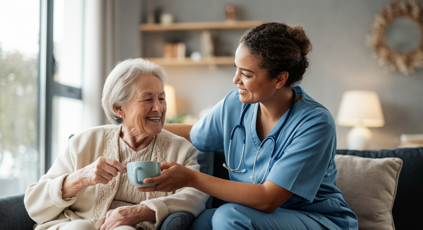 Professional respite caregiver giving family member a much-needed break from caregiving duties, respite care relief for famil
