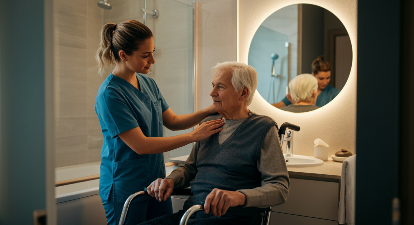 Family caregiver resting at home while professional respite care aide tends to elderly parent, temporary relief care