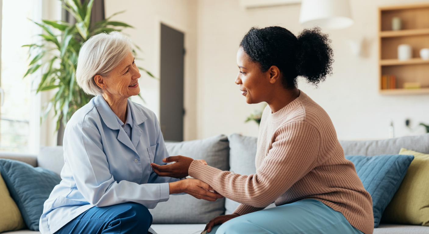 Professional caregiver helping elderly man with morning routine in his own home