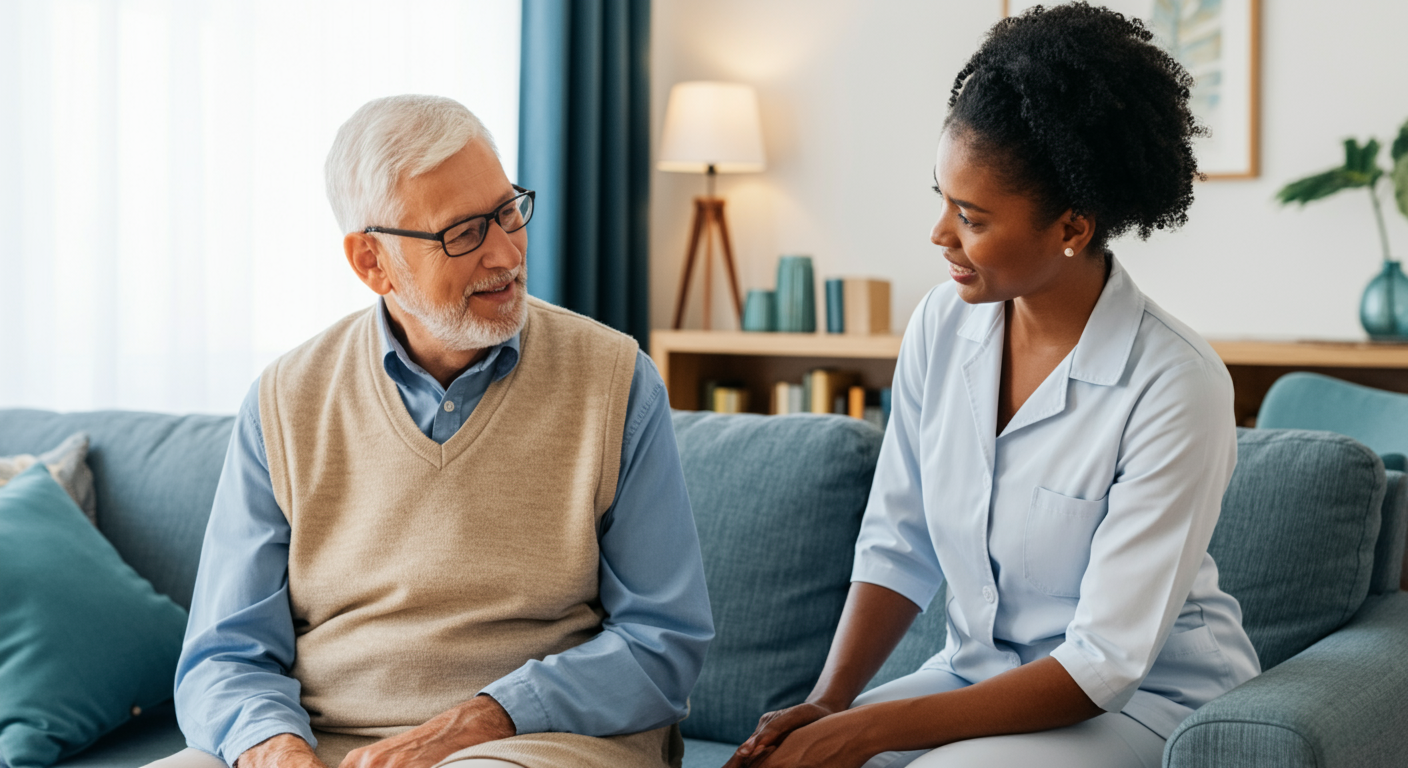 Senior woman enjoying quality time with family in her own home under professional care