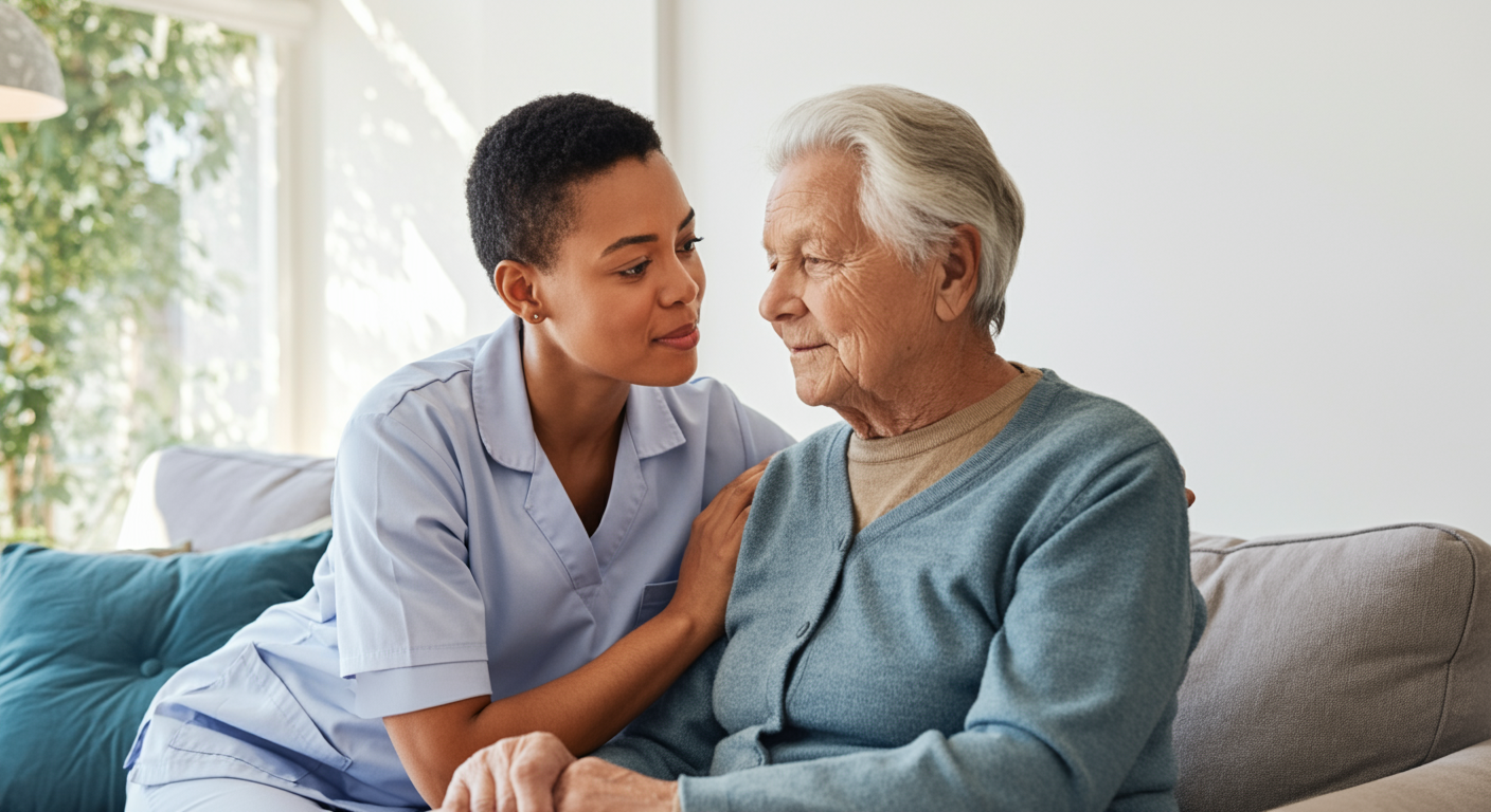 Thoughtful daughter and elderly mother discussing long-term care planning options