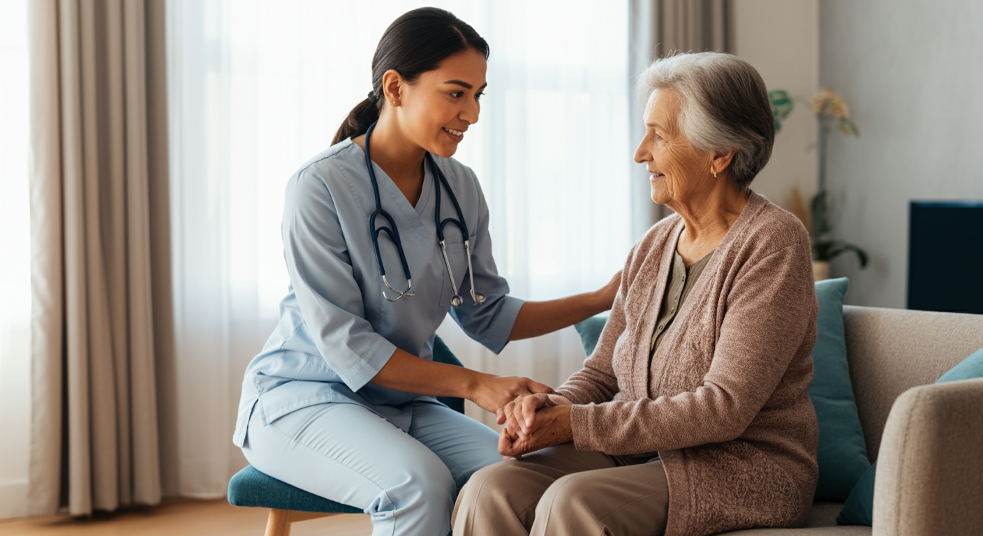 Senior care professional explaining home care vs facility care options to family