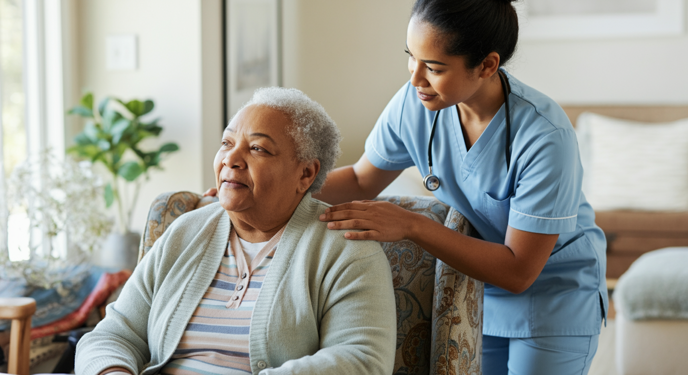 Social worker helping elderly California resident apply for Medicaid IHSS home care program