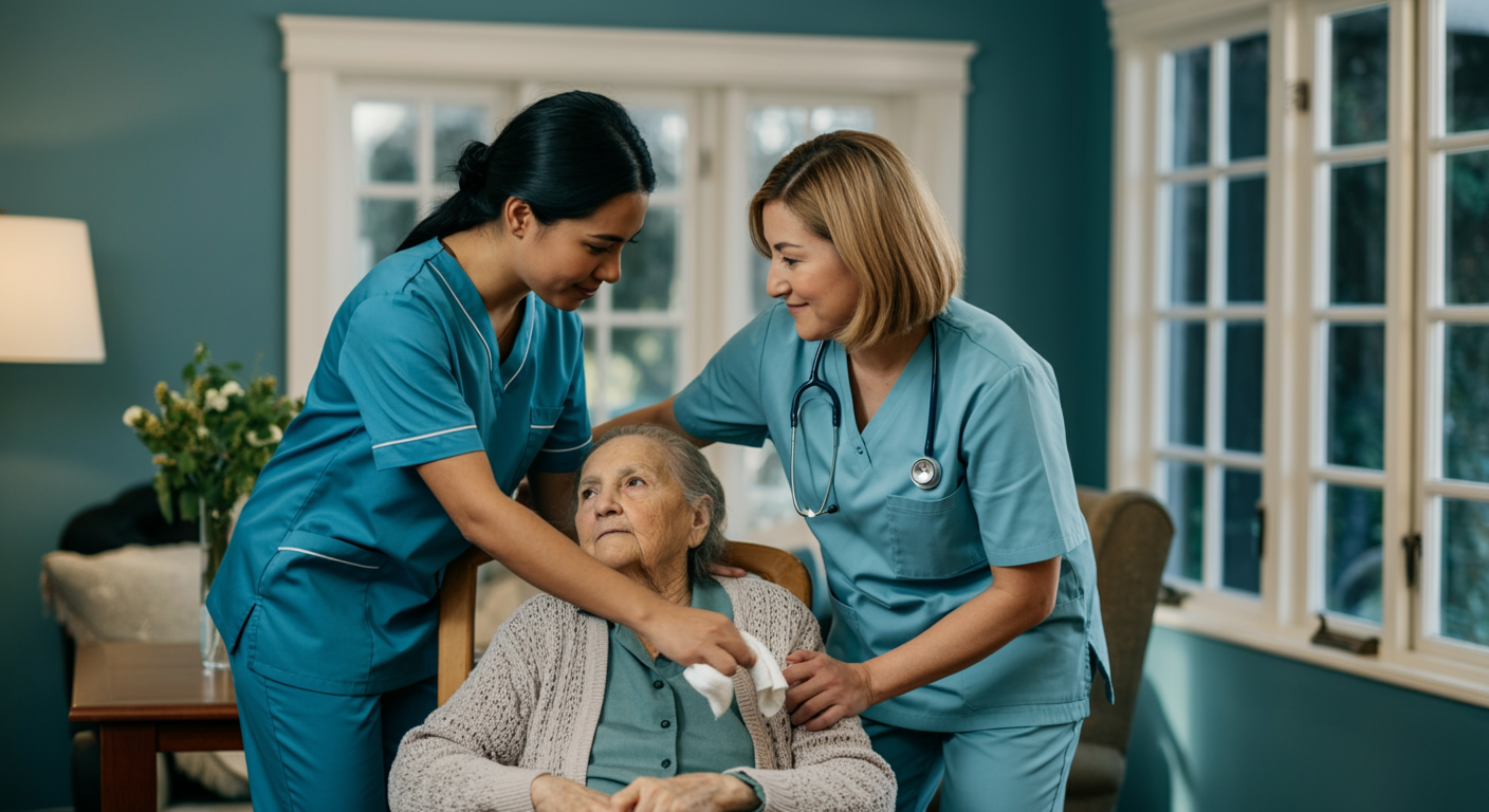 IHSS caregiver helping elderly woman with meal preparation in California home