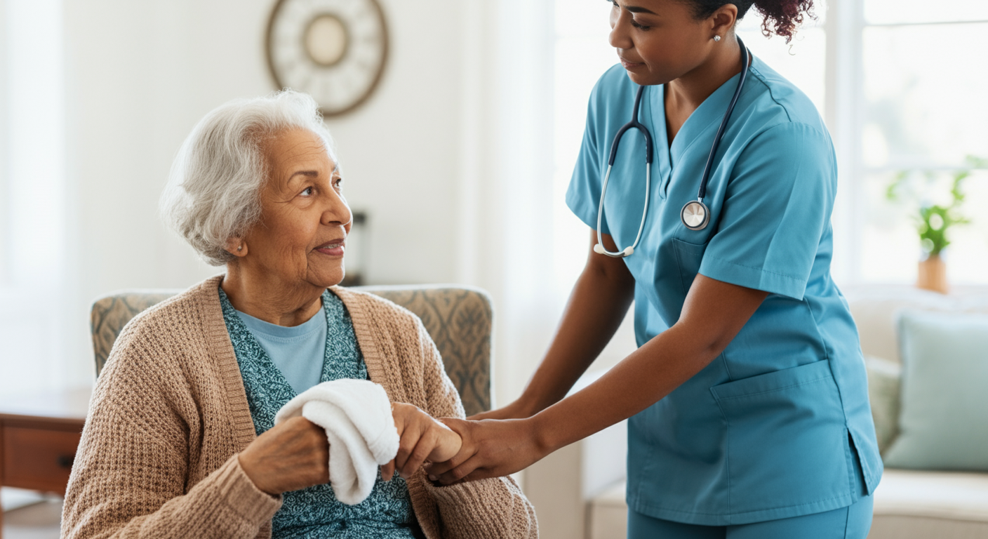 Senior man receiving personal care assistance from IHSS provider in Los Angeles