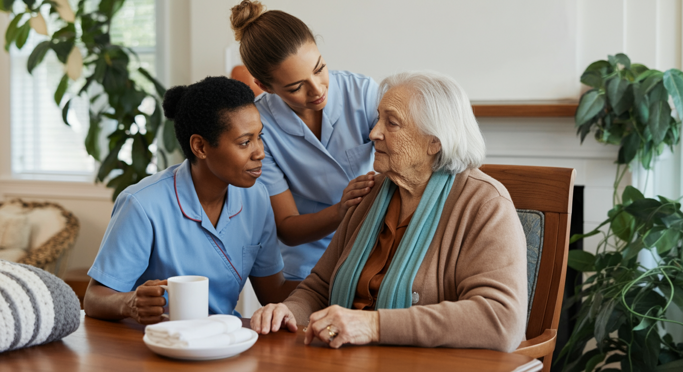 Professional caregiver assisting elderly patient with mobility and daily activities at California home