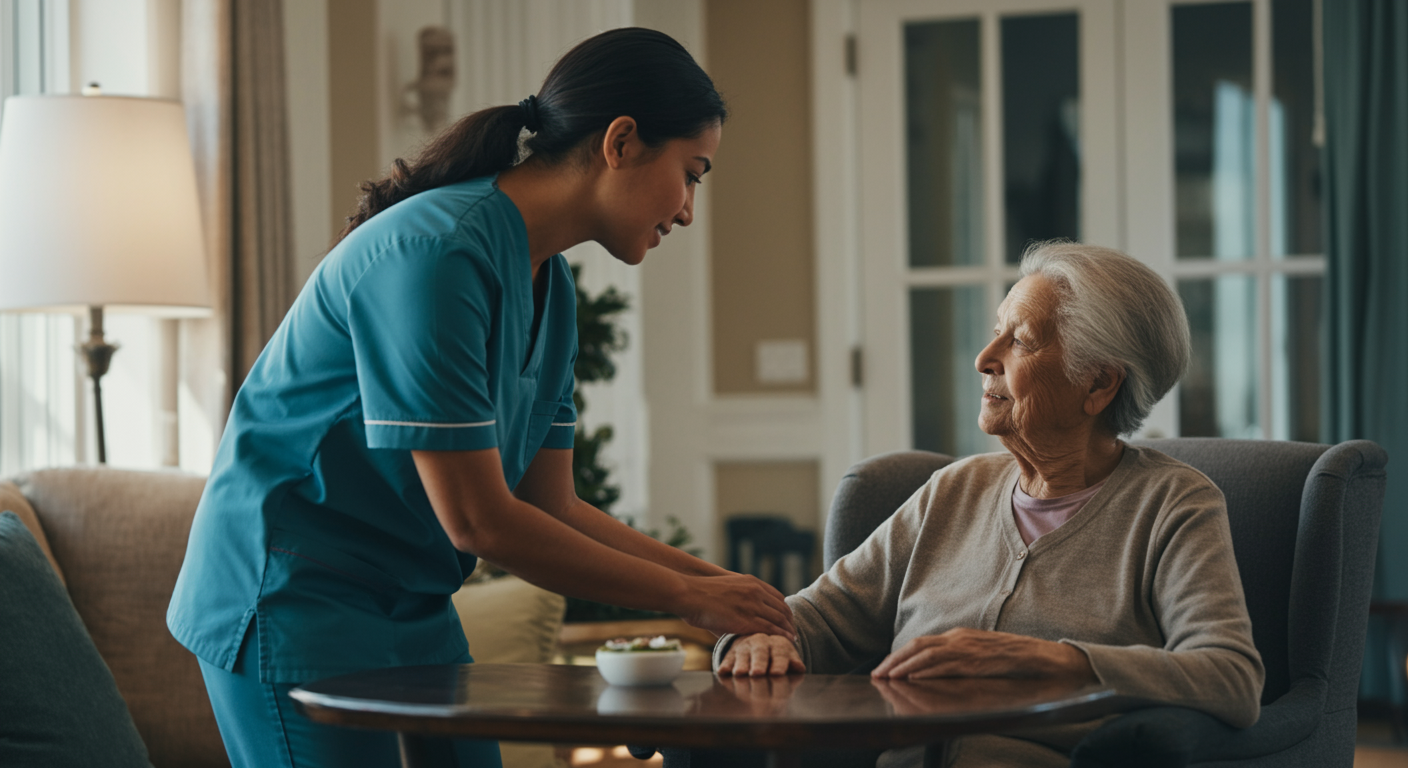 IHSS authorized provider giving bath and personal hygiene assistance to senior in home