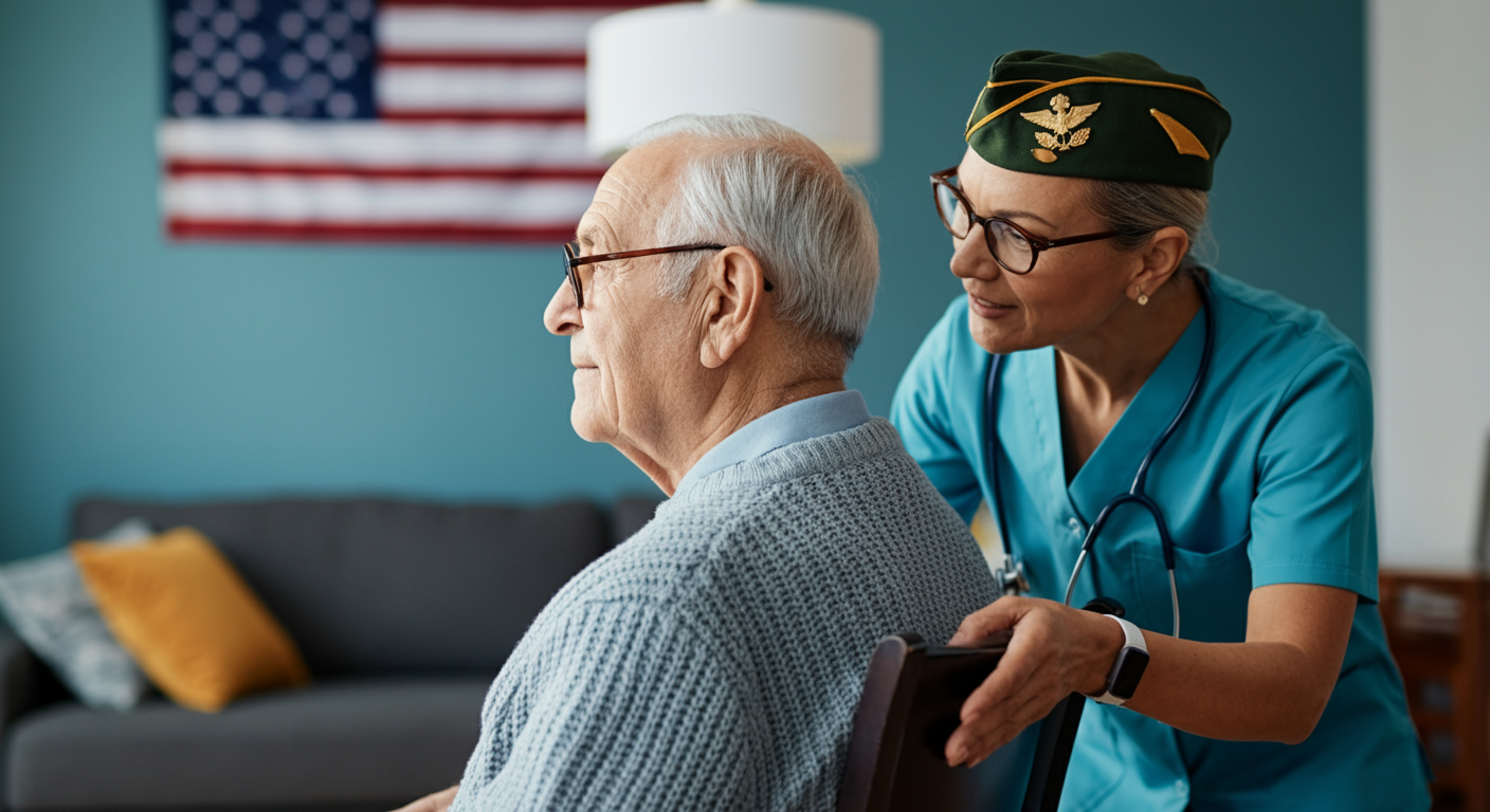 VA benefits advisor meeting with senior veteran and family to review Aid and Attendance pension