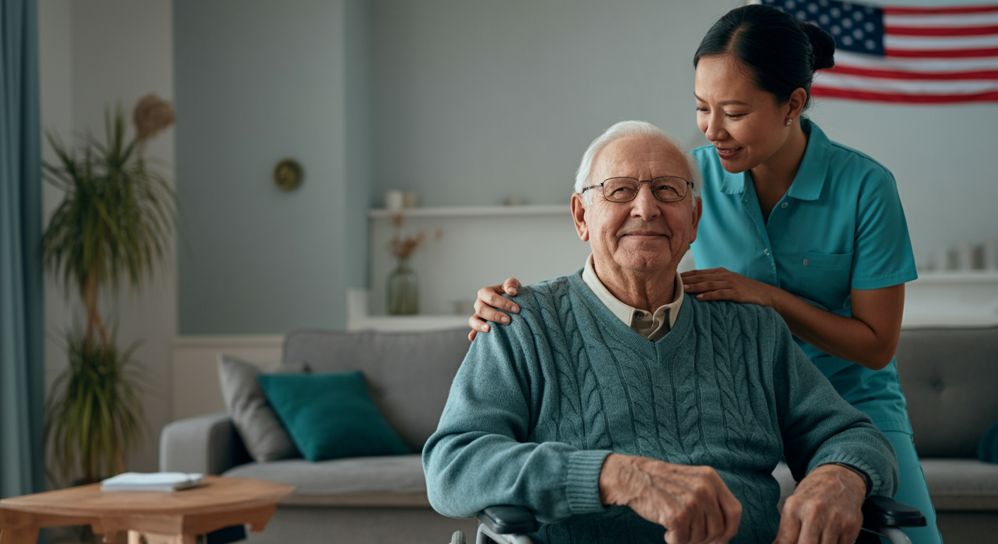 Professional caregiver providing respectful home care to elderly WWII veteran