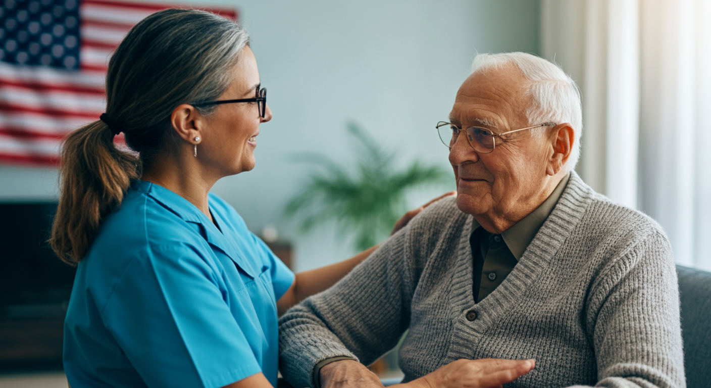 Family helping elderly veteran complete VA pension application for home care funding