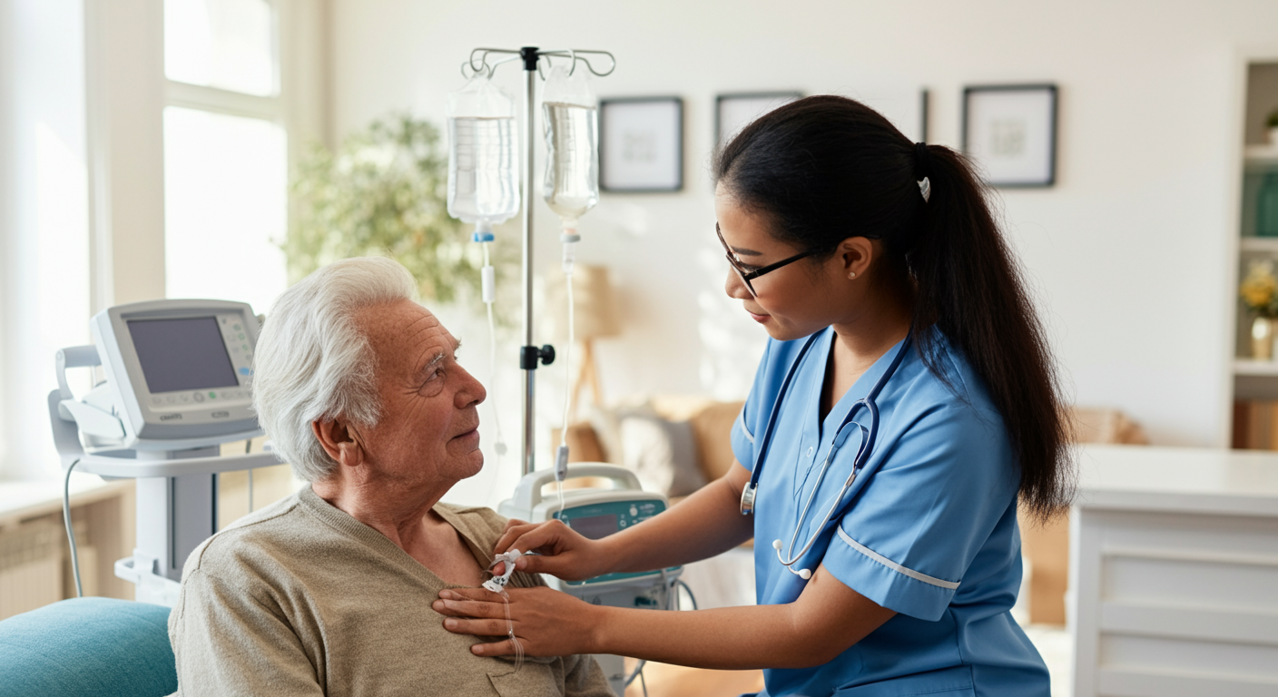Doctor assessing elderly patient health needs and recommending 24-hour home care support, medical care assessment