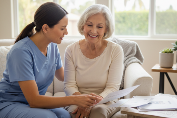 Family reviewing Medicare home health coverage with senior caregiver in California — Senior Home Care Givers 247