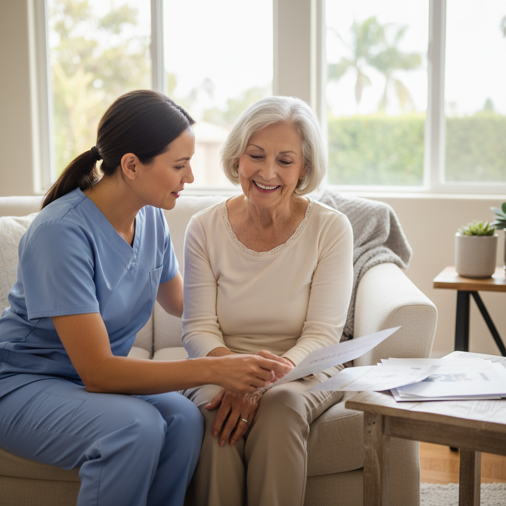 Family reviewing Medicare home health coverage with senior caregiver in California — Senior Home Care Givers 247
