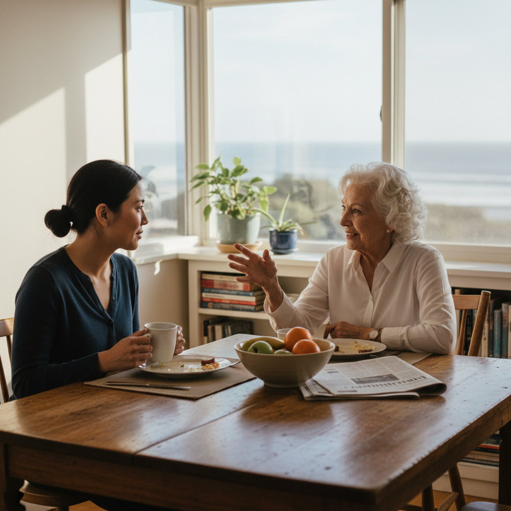 In-home senior caregiver assisting an elderly client in Manhattan Beach, Los Angeles