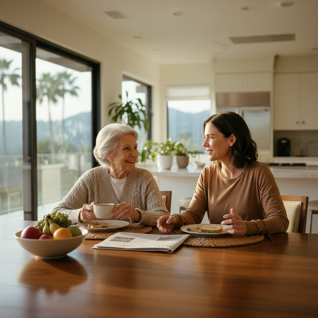 In-home senior caregiver assisting an elderly client in Bel Air, Los Angeles
