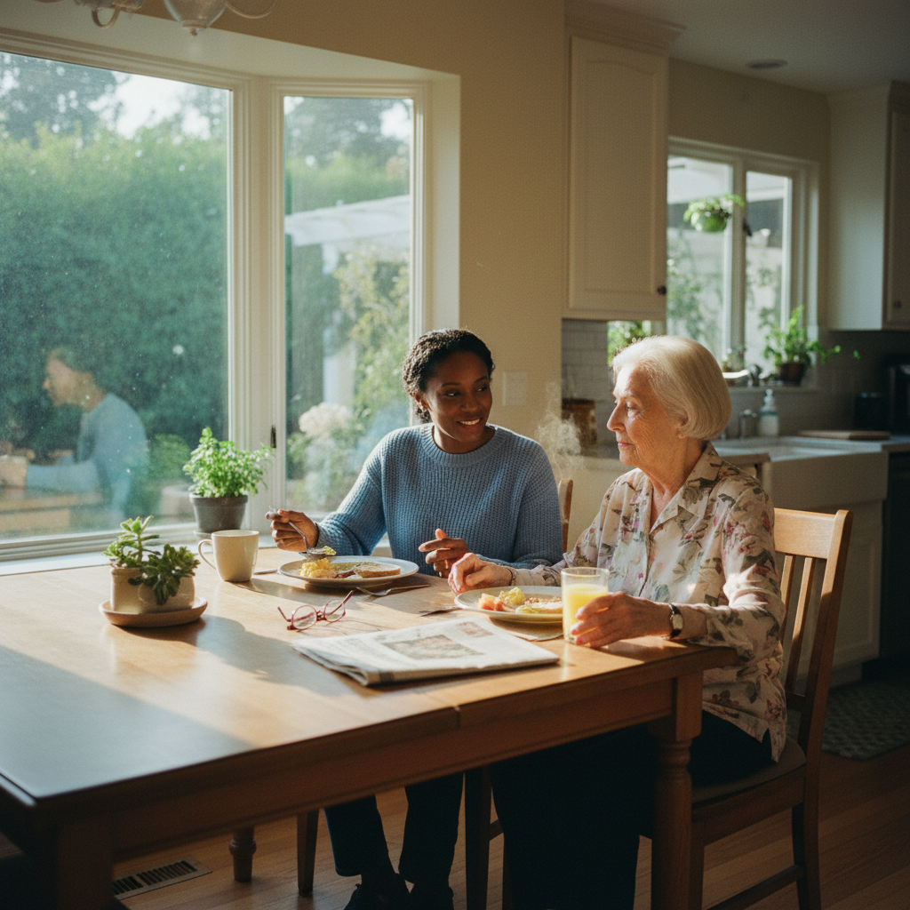 In-home senior caregiver assisting an elderly client in Cheviot Hills, Los Angeles