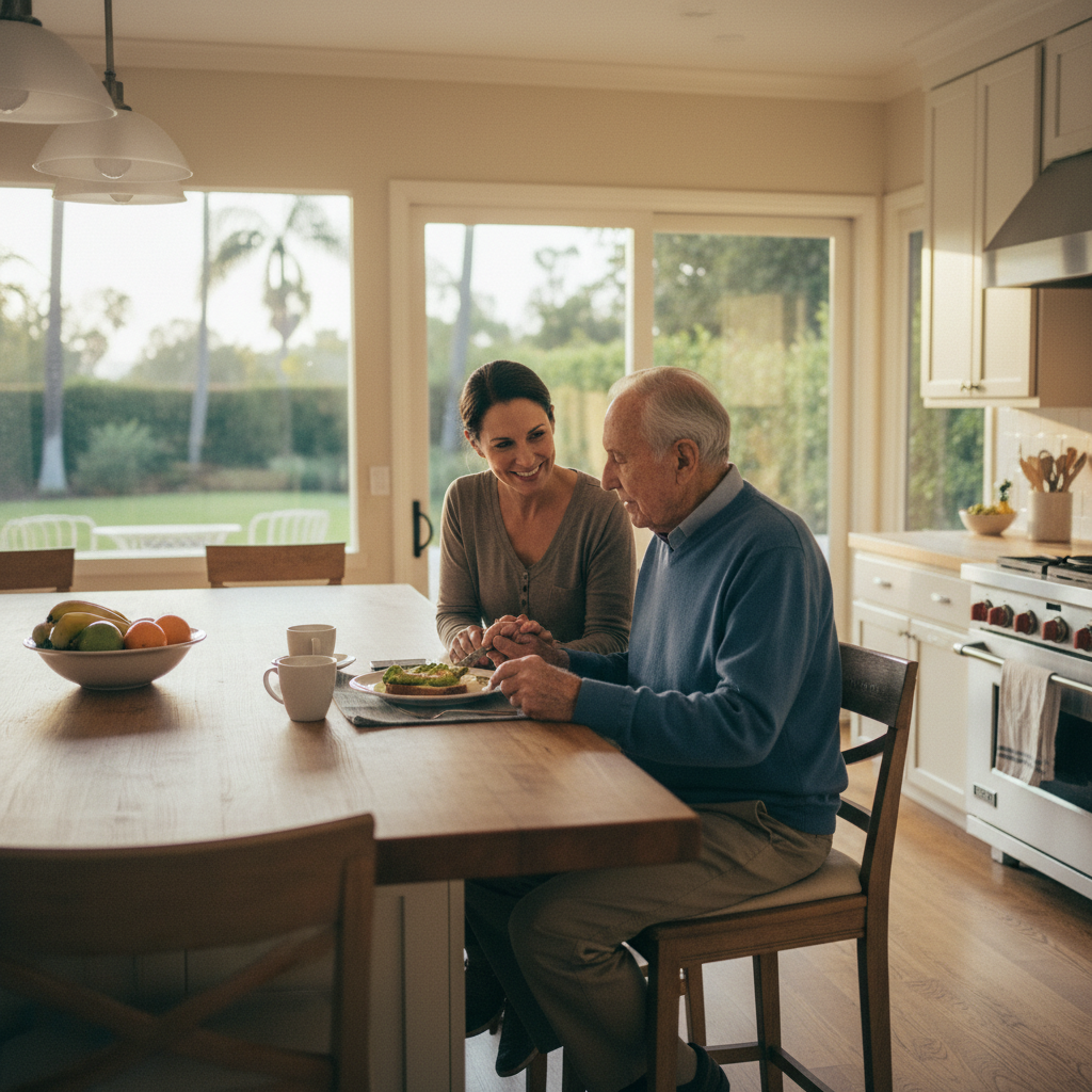 In-home senior caregiver assisting an elderly client in Holmby Hills, Los Angeles