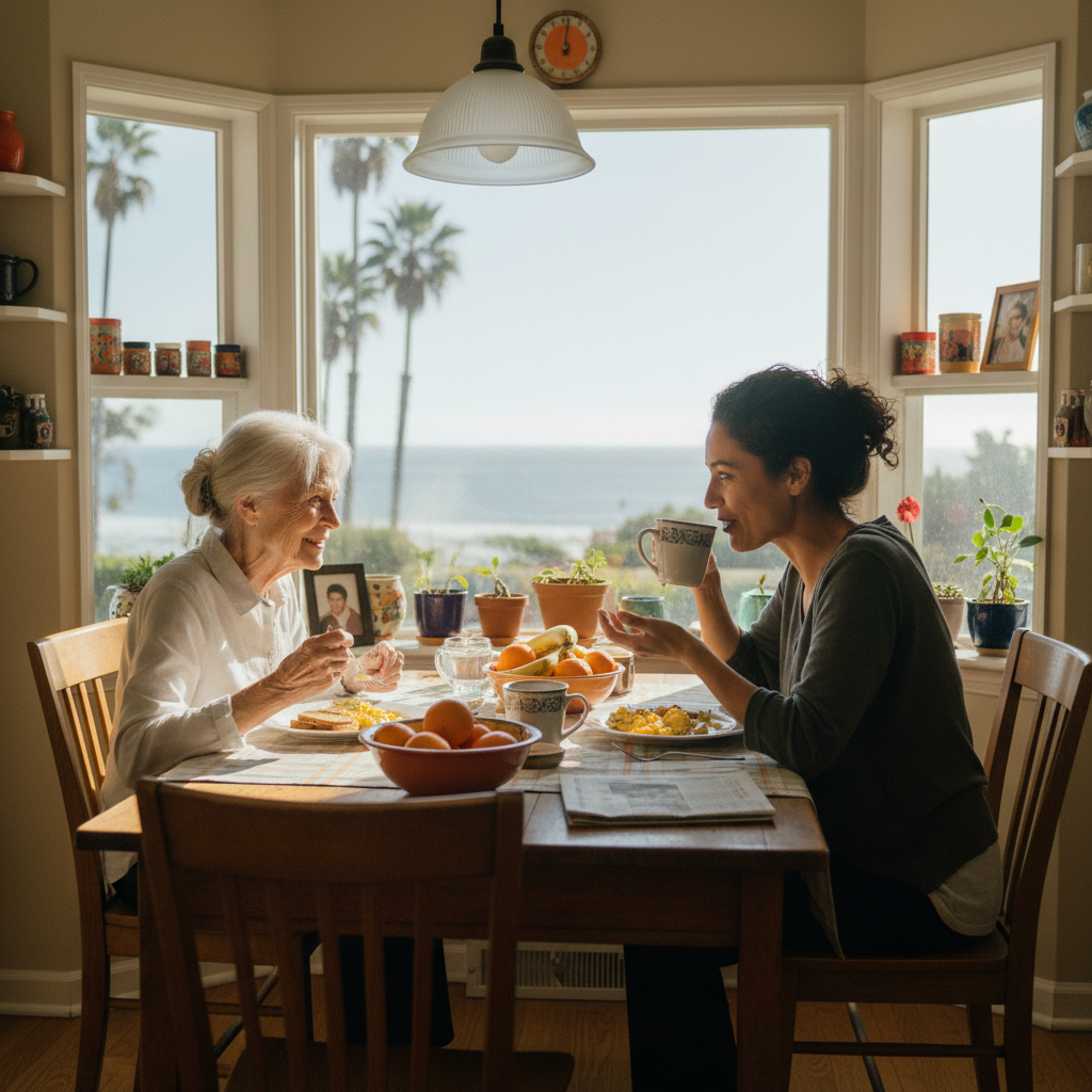 In-home senior caregiver assisting an elderly client in Ocean Park, Los Angeles