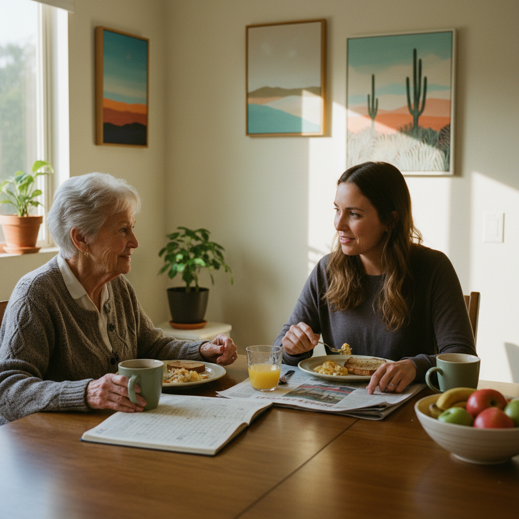 In-home senior caregiver assisting an elderly client in Palms, Los Angeles