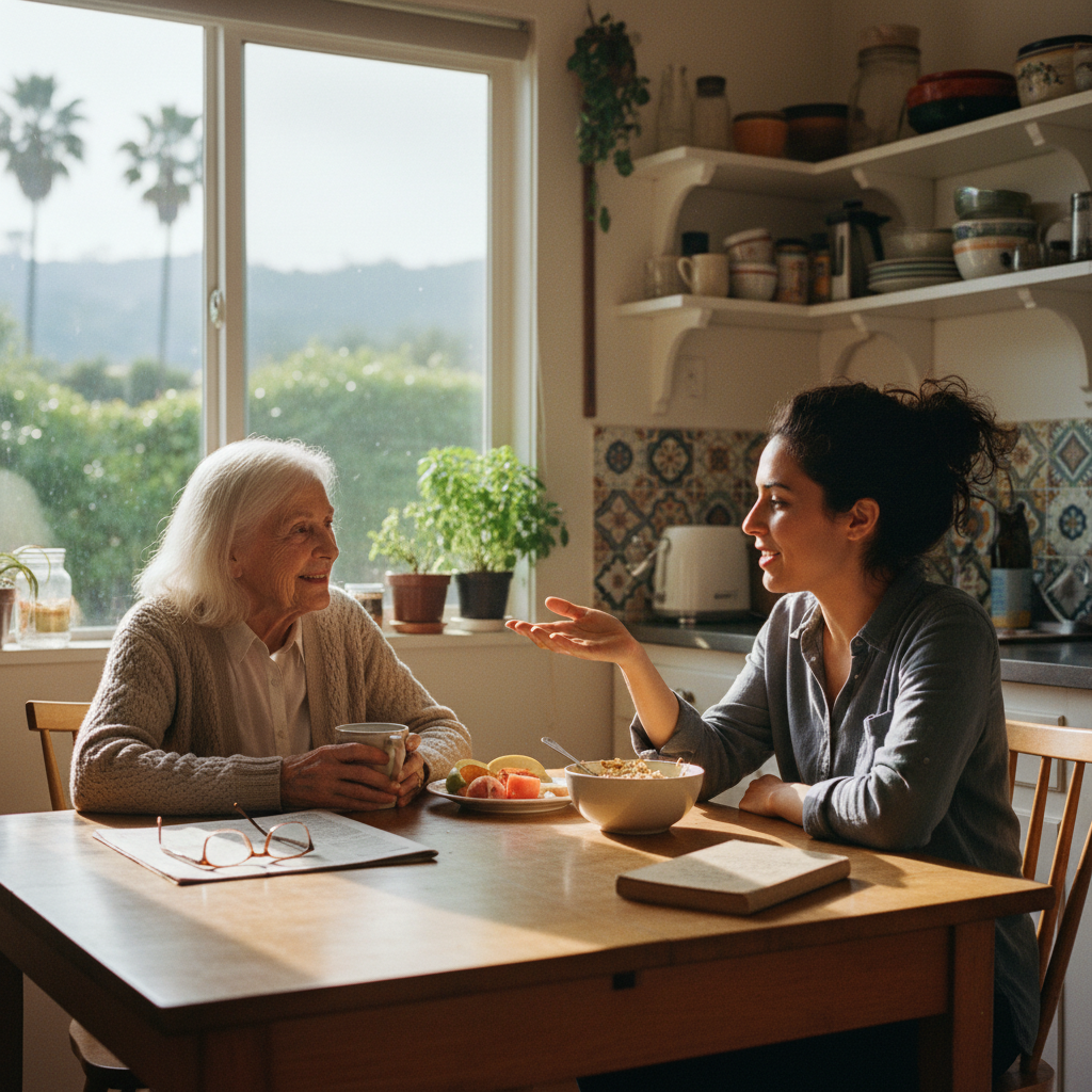 In-home senior caregiver assisting an elderly client in Echo Park, Los Angeles