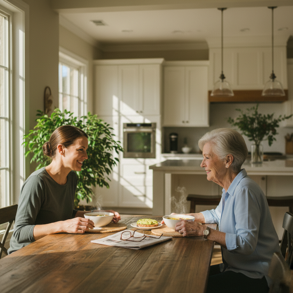 In-home senior caregiver assisting an elderly client in Calabasas, Los Angeles