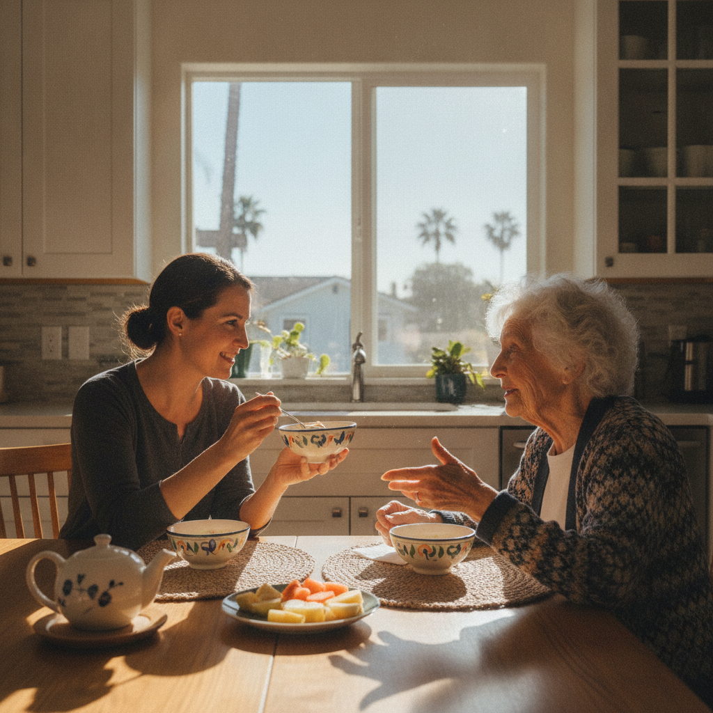 In-home senior caregiver assisting an elderly client in West LA, Los Angeles