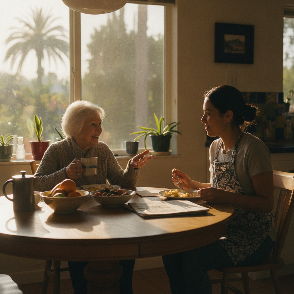 In-home senior caregiver assisting an elderly client in Mar Vista, Los Angeles