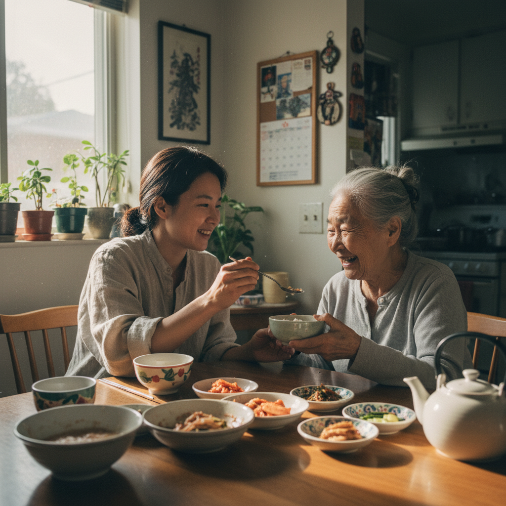 In-home senior caregiver assisting an elderly client in Koreatown, Los Angeles