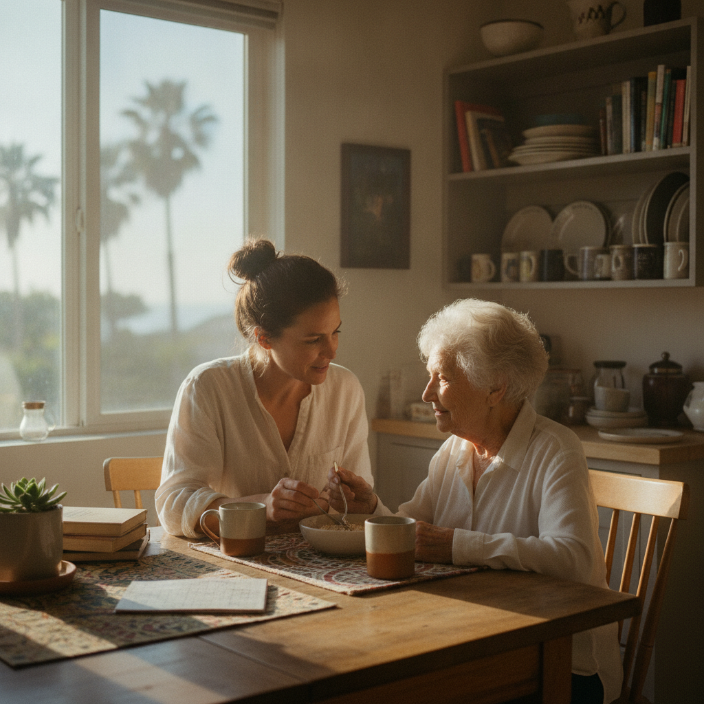 In-home senior caregiver assisting an elderly client in Santa Monica, Los Angeles