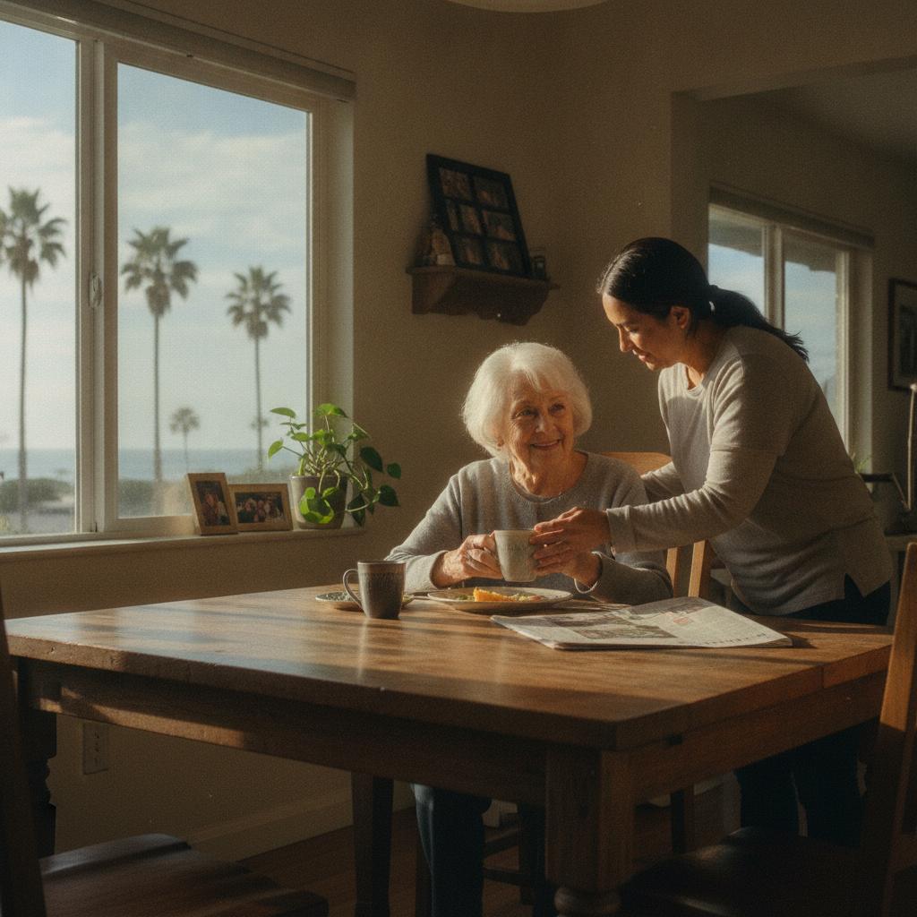 In-home senior caregiver assisting an elderly client in Hermosa Beach, Los Angeles